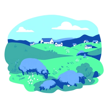 A blue flock of sheep is grazing on vibrant green grass in a picturesque landscape. The rolling hills are dotted with patches of white wildflowers, and in the distance, there are clusters of small, white cottages with thatched roofs. The sky above is a soft gradient of blue, casting a serene atmosphere over the scene. The sheep are scattered across the hills, some lying down while others are nibbling on the grass, creating a tranquil and pastoral setting.