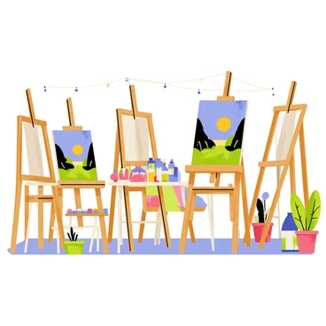 An artist's patio featuring several wooden easels positioned around the space. Various paint supplies, including colorful paint tubes and brushes, are scattered across a table. A large canvas is displayed on one of the easels, showcasing a vibrant depiction of the outdoor scenery with lush greenery and a bright blue sky in the background. Sunlight streams down, casting soft shadows on the patio floor, which is adorned with potted plants and a comfortable chair nearby.