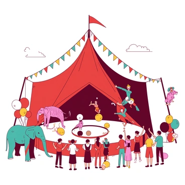 A red big top tent stands tall in the center of the scene, showcasing a lively circus atmosphere. Colorful banners and streamers adorn the tent, fluttering in the breeze. Inside, a group of joyful clowns with bright costumes and oversized shoes perform comedic antics, eliciting laughter from the audience. Near them, acrobats in vibrant outfits execute graceful flips and daring stunts, showcasing their impressive skills above the ground. Various circus animals, such as a teal elephant balancing on a ball and a pink tiger leaping through hoops, add to the excitement of the performance. Spectators, filled with awe and delight, surround the ring, clapping and cheering for the acts.