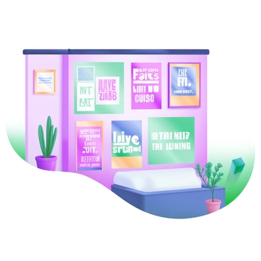 A wall adorned with a variety of "beautifully designed typographic posters" showcasing "inspirational quotes." The posters vary in size and are arranged in a creative collage. Each poster features different fonts and color palettes, with some using pastel shades. A few quotes are highlighted in bolder, more eye-catching text. The background of the wall is painted in a soft color to enhance the visibility of the posters. Decorative elements like small plants or framed artworks are placed nearby to add warmth to the scene.