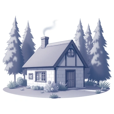 A quaint cottage with smoke curling from the chimney, hidden in the woods