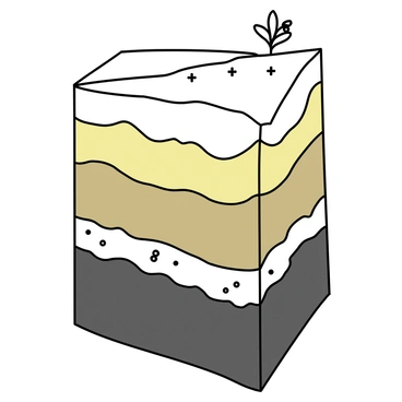 A cutaway view showcasing multiple layers of sediment. Each layer varies in color and texture, representing different time periods of accumulation. The bottom layer is dark brown, indicating ancient deposits, while the layers above gradually transition through shades of tan, yellow, and white. Small fossils and plant material can be seen embedded in the layers. Above the sediment, a faint outline of a landscape provides context, with a few sparse trees and a distant horizon.