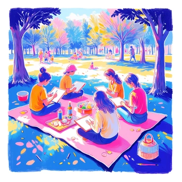 A group of illustrators is gathered in a sunny park, surrounded by vibrant greenery. They are sitting on blankets and picnic chairs, sketching on large sketchbooks with colored pencils. Each illustrator has their own unique style and is focused on capturing the beauty of the park around them. Sunlight filters through the trees, creating dappled shadows on the ground. In the background, there are people enjoying the park, such as children playing and couples walking. Nearby, a small picnic setup includes snacks and drinks, adding to the relaxed atmosphere of the outdoor session.