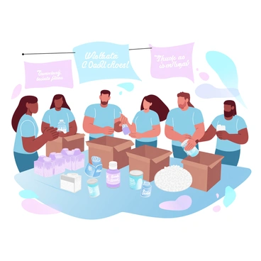 A group of volunteers is working together to organize donated food items in a community center. The volunteers are wearing matching t-shirts and are focused on sorting various food products. Boxes of canned goods, bags of rice, and cartons of juice are spread out on tables. Some volunteers are filling boxes with non-perishable items while others are labeling containers. Colorful banners hang on the walls, displaying messages of gratitude and community support. The atmosphere is lively, with volunteers collaborating and sharing smiles as they contribute to the effort.