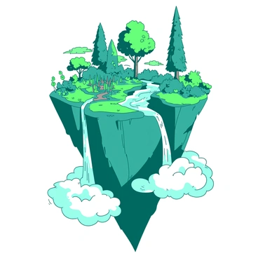 A teal floating island hovers high in the sky, adorned with vibrant, lush greenery covering its entire surface. Tall trees with broad leaves thrive among a variety of colorful plants. Multiple waterfalls cascade down the steep sides of the island, creating glistening streams of water that sparkle in the sunlight as they fall. Below, fluffy white clouds drift, creating a soft contrast against the island's vibrant landscape. The scene captures the enchanting beauty of the floating island in a magical atmosphere.