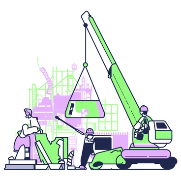 A large crane is positioned at a construction site, lifting heavy materials into the air. The crane features a long, adjustable arm extending upwards, with the materials suspended by a thick cable. Below, two engineers are actively directing the operation. One engineer is wearing a blue hard hat and is pointing upwards, while the other, wearing a yellow hard hat, is holding a walkie-talkie and observing the load. Surrounding them, various construction materials such as steel beams and wooden planks are scattered across the site, with safety cones marking the area. In the background, the skeletal structure of a building is in progress, showcasing scaffolding and construction workers moving about.