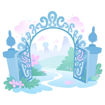 The ornate gates of Neverland are intricately designed with swirling patterns and vibrant colors. The gates are slightly ajar, revealing a glimpse of the magical world beyond. Lush greenery and vibrant flowers can be seen peeking through the opening, with soft pastel colors creating a whimsical atmosphere. In the background, fantastical trees with unusual shapes rise against a gradient sky blending soft pinks, blues, and purples. Glittering lights float gently in the air, adding to the enchanting feel of this hidden realm.