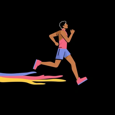 A silhouette of a runner in an athletic pose, depicted with arms pumping and legs in mid-stride. The runner is positioned centrally against a solid black background. A vibrant streak of color, resembling a fluid motion trail, extends behind the runner, showcasing shades of blue, orange, and yellow, emphasizing the speed and energy of the movement.