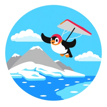 A cartoon-style illustration of a penguin wearing a bright red helmet and a colorful hang glider. The penguin is soaring through a clear blue sky, with its wings outstretched and a cheerful expression. Below, a vast icy landscape is visible, featuring glistening snow-covered mountains and shimmering glaciers. The sunlight reflects off the ice, creating sparkling patches on the surface. Fluffy white clouds float in the background, enhancing the vibrant scene.