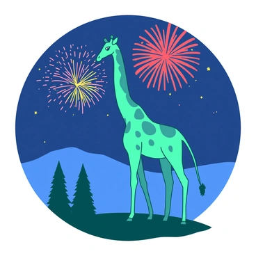 A teal giraffe is standing gracefully on a hilltop, its long neck craning upward to observe the fireworks display lighting up the night sky. The sky is filled with vibrant bursts of red and yellow fireworks, illuminating the giraffe's spotted coat. In the foreground, silhouetted against the colorful explosions, there are a few trees, adding depth to the scene. The giraffe's eyes are wide with wonder as it watches the dazzling colors explode overhead.