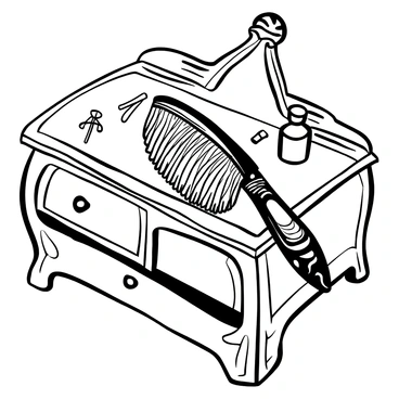 A vintage, ornate hairbrush with intricate carvings on the handle lying on a polished wooden vanity. The vanity features detailed woodwork and has reflections of light glimmering off its surface. Surrounding the hairbrush, there are scattered hairpins and a small glass bottle, adding to the nostalgic atmosphere. The setting highlights the texture of the wood and the delicate design of the hairbrush.