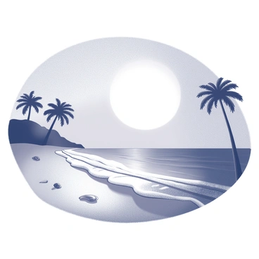 A beach scene with gentle waves lapping at the shore. The sun is positioned low on the horizon, casting a large halo effect that encircles it. Silhouettes of palm trees can be seen along the beach, their fronds gently swaying in the evening breeze. A few scattered seashells and pieces of driftwood are present on the sand. The sky is filled with a gradient of shades, transitioning from deep to light tones.