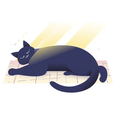 A black cat with glossy fur is stretched out comfortably in a sunbeam on a light-colored wooden floor. The cat's eyes are closed, and its body is relaxed, showing off its sleek silhouette. Sunlight casts warm, golden rays over the cat, creating a soft glow around it. The wooden floorboards have visible grain patterns and a subtle sheen, enhancing the tranquil atmosphere of the scene. A few scattered dust particles catch the light in the sunbeam, adding to the serene feel of the moment.