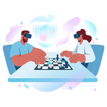 Two players are seated at a modern table, each wearing a virtual reality headset. Both players are focused intently on the chessboard in front of them, which is illuminated by colorful lights. The chess pieces on the board are animated, with varying colors and designs, moving gracefully across the squares. Around the board, a digital display shows a glowing chess clock counting down the time. In the background, abstract shapes and patterns swirl, enhancing the immersive virtual environment. The players' hands are poised over the board, ready to make their next moves.