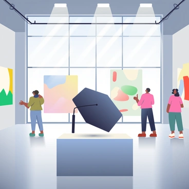 A graduation cap displayed on a pedestal in a modern art gallery