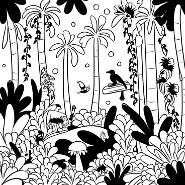 A dense tropical rainforest filled with large, lush leaves and various exotic plants. Tall trees with thick trunks soar upward, their branches intertwined high above. Vines hang from the trees, trailing down toward the forest floor, where ferns and small shrubs grow densely. Scattered throughout the scene are various animals, such as a monkey perched on a branch, a colorful bird in mid-flight, and an iguana resting on a log. The ground is covered in rich foliage, and large mushrooms can be seen among the undergrowth.