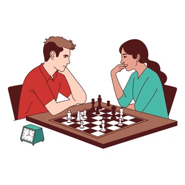 Two opponents are sitting across from each other at a wooden chess table, deeply focused on the game. The first opponent is a man with short brown hair, wearing a red shirt, furrowing his brow as he contemplates his next move. The second opponent, a woman with long black hair tied back in a ponytail, is dressed in a teal blouse, her fingers gently touching her chin as she analyzes the board. The chess pieces are set in mid-game, with several pieces already captured, creating a tense atmosphere. The table is adorned with a small teal clock next to the chessboard, measuring the time for each player’s turn.