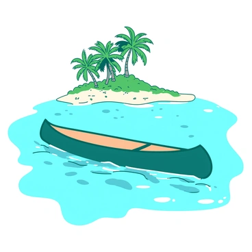 A teal canoe is floating gently on crystal clear water. The surface of the water reflects the bright sunlight, creating shimmering patterns. In the background, there is a tropical island adorned with tall green palm trees swaying slightly in the breeze. The island has patches of white sandy beach visible, contrasting with the vibrant greenery. The scene conveys a tranquil atmosphere with a sense of escape into nature.