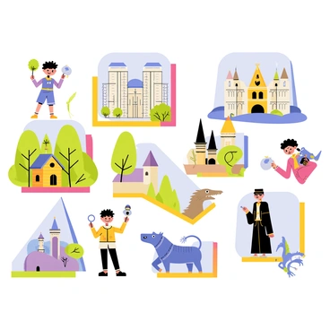 An illustration board featuring a collage of various literary worlds and characters. In one corner, there is a whimsical forest filled with vibrant green trees and a small wooden house, representing fairy tales. In another section, a futuristic city skyline with tall, sleek buildings symbolizes science fiction. A classic medieval castle with knights and dragons can be seen in another area, embodying fantasy. Prominent characters such as a young wizard with a wand, a detective with a magnifying glass, and a brave heroine holding a sword are displayed throughout the collage. Each section is framed with colorful borders to enhance the visual separation of themes. The overall composition is lively and engaging, inviting viewers to explore the diverse literary adventures represented.
