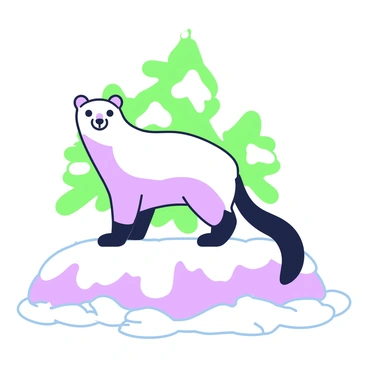 A pine marten with snowy fur is standing on a small mound of snow. The marten's fur is fluffy and blends seamlessly into its surroundings. Behind it, there is a dense cluster of snowy pine trees, with their branches heavy with snow. The foreground features patches of untouched snow glimmering in the soft light. The scene captures the marten in a poised stance, alert and curious, with its dark eyes focused ahead.