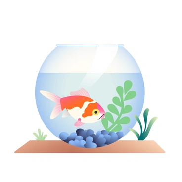 A tiny shot glass fishbowl is placed on a wooden surface. Inside the fishbowl, a single goldfish with bright orange and white markings is swimming gently. The water in the bowl is clear, allowing a view of small pebbles resting at the bottom. The fishbowl has a slightly curved shape and reflects light, creating soft highlights on its surface. A small green plant is situated in one corner of the bowl, adding a touch of color to the scene. The surroundings are softly blurred to keep the focus on the fishbowl and the goldfish inside.