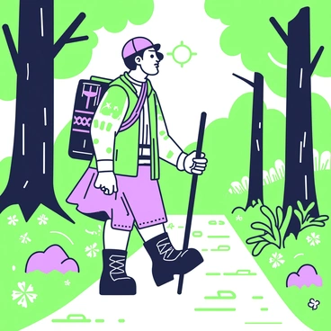 A vagabond is walking along a narrow path in a dense forest. The path is surrounded by tall trees with thick trunks and abundant green foliage. The vagabond is wearing rugged clothing suitable for travel, including a weathered jacket and sturdy boots. He is holding a walking stick in his right hand, which has intricate carvings along its length. A small backpack is slung over his shoulder, and appears worn from travel. Sunlight filters through the canopy above, casting dappled shadows on the forest floor. Ferns and wildflowers grow beside the path, adding detail to the wilderness scene.