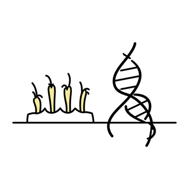 Two DNA strands, depicted as a double helix, are intertwined with several hair follicles. Each hair follicle emerges from a surface and is shown with fine details, emphasizing growth. The DNA strands display a clear pattern of nucleotide pairs, while the hair follicles exhibit various shades and lengths, showcasing diversity. The overall composition presents a sense of connection between genetics and hair.