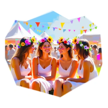A group of four friends gathered together at a summer festival, each wearing unique handmade flower crowns adorned with vibrant blooms in various colors. The first friend has long wavy hair and a crown featuring daisies and sunflowers. The second friend sports short curly hair with a crown made of wildflowers and greenery. The third friend has straight hair tied back, showcasing a crown of lavender and small roses. The fourth friend has medium-length hair, decorated with a crown of bright poppies and ferns. They are smiling and laughing, with colorful festival banners and tents in the background, and a bright blue sky overhead. The atmosphere is lively and joyful, filled with the spirit of celebration.