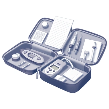 A travel kit is placed on a flat surface, open to reveal its contents. Inside, there are various diabetes supplies neatly arranged. A blood glucose meter with an attached test strip is visible, alongside several lancets in their packaging. A small vial of insulin and a couple of syringes are included, along with a pack of glucose tablets. A notepad and pen sit next to the supplies, ready for recording glucose levels. The kit itself is made from durable fabric, featuring multiple compartments for organization. The table surface is clean and uncluttered, emphasizing the arrangement of diabetes care items.