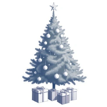 A Christmas tree with a classic triangular shape, covered in a lush arrangement of green foliage. The tree is adorned with vintage-style ornaments, including glass baubles and delicate tinsel, which hang from its branches. At the pinnacle of the tree, there is a large, shining star, symbolizing the festive season. The base of the tree is surrounded by a neatly wrapped collection of presents, each sparkling with ribbons and bows. The overall composition conveys a warm and nostalgic atmosphere associated with holiday celebrations.