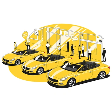 Several convertibles are lined up in a bright showroom, their tops down, displaying sleek designs and polished bodies. Each car features unique lines and curves, showcasing their distinct styles. The sunlight streams through the large windows, casting reflections on the shiny surfaces of the cars. There are promotional banners with "Special Offers" and "New Arrivals" visible on the walls. Customers can be seen admiring the vehicles, with some engaging in conversation with sales representatives.