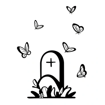 A grave with an ornate headstone standing tall in the center. Delicate butterflies with intricate patterns are fluttering around the grave, showcasing various positions in flight. The ground is adorned with small flowers scattered near the base of the headstone. The scene is tranquil and evokes a sense of movement as the butterflies dance gracefully in the air.