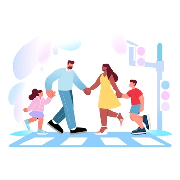 A family of four is crossing a street at a crosswalk. The father, wearing a blue shirt and jeans, is holding the hand of the mother, who is in a yellow dress. Their young daughter, in a pink jacket, is holding the father’s other hand, while their son, wearing a red t-shirt and shorts, is holding the mother's free hand. The crosswalk is marked with white stripes, and there are traffic lights in the background, indicating a safe crossing for pedestrians.