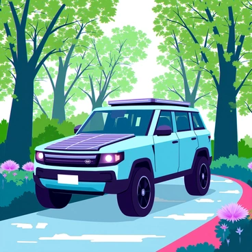 A sleek Range Rover with a modern design, featuring solar panels integrated into its roof. The vehicle is parked on a smooth, winding path surrounded by tall, vibrant green trees and dense underbrush. Sunlight filters through the leaves, casting dappled patterns on the ground. In the background, there are patches of colorful wildflowers adding to the lush landscape. A gentle breeze causes the leaves to rustle softly, emphasizing the tranquility of this eco-friendly setting.