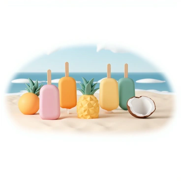 A collection of colorful popsicles made from tropical fruits, including "mango", "pineapple", and "coconut". The popsicles are arranged neatly on a light-colored sandy beach. The vibrant colors of the popsicles contrast with the soft beige sand. In the background, there is a clear blue sky and gentle waves lapping at the shore. The scene captures a refreshing summer vibe.