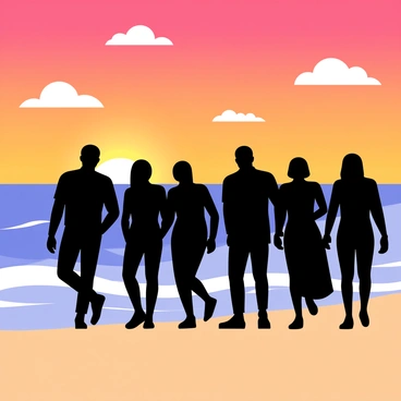 Silhouettes of several people walking along a beach, their forms dark against the vibrant colors of the setting sun. The sun is positioned low on the horizon, casting a warm orange and pink glow across the sky. The gentle waves of the ocean are lapping at the sandy shore, creating a reflective shimmer as the light captures the tips of the waves. In the foreground, the silhouettes are varied in height and shape, suggesting a diverse group enjoying the evening by the sea. Fluffy clouds are scattered across the sky, adding to the picturesque scene.