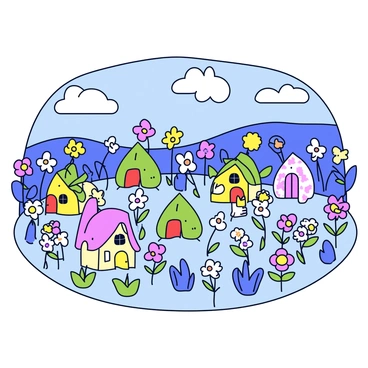 A magical fairy glen filled with various colorful flowers in bloom. Tiny fairy homes made of leaves and twigs are nestled among the flowers, each with small doors and windows. The glen is illuminated by soft, glowing lights that resemble fireflies. In the background, there are gentle hills that rise, adding depth to the scene. The overall atmosphere is vibrant and whimsical, inviting exploration.