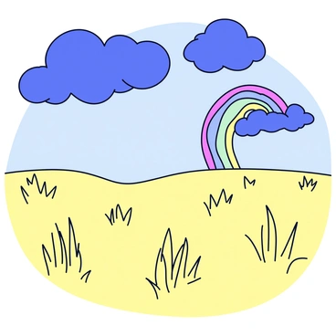 A wide field with tall grass swaying in the wind. Dark, stormy clouds gather ominously overhead, casting shadows across the ground. In the distance, a vibrant rainbow begins to emerge, arcing gracefully across the sky. The contrast between the dark clouds and the colorful rainbow creates a striking visual effect.