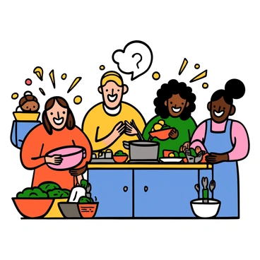 A group of diverse friends, including a light-skinned woman with long brown hair, a dark-skinned man with short curly hair, and a medium-skinned woman with shoulder-length black hair, are gathered in a bright kitchen. They are laughing and smiling, surrounded by various cooking ingredients and utensils. One member, a light-skinned man with short blonde hair, is actively assisting in the kitchen, stirring a pot on the stove. The others are gathered around a kitchen island, holding bowls and ingredients, appearing engaged and excited about the cooking process together.