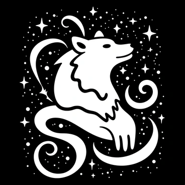 A wolf head emerging from a thick nebula, surrounded by swirling patterns of gas and dust. Stars twinkle throughout the dark space, with distant galaxies partially visible in the background. The wolf head displays a sense of majesty and power, framed by intricate shapes and swirls of the nebula that highlight its features. The overall composition creates a striking contrast between the wolf and the cosmic elements around it.