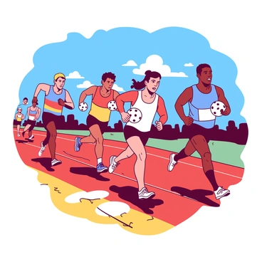 A group of racers is sprinting along a track at sunrise. The sky is transitioning from deep blue to a soft orange hue as the first light of day breaks. Each racer is focused, with determined expressions on their faces. They are wearing bright athletic gear in contrasting colors. In their hands, they grip steel balls that glimmer as they catch the warm light of the rising sun. The track beneath them is a vibrant blend of red and yellow, emphasizing the intensity of the moment. The racers are in various dynamic poses, reflecting their speed and competitive spirit.