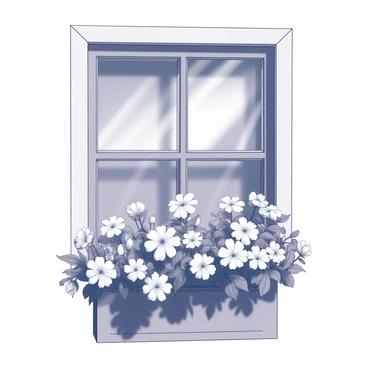 A charming window set within a quaint structure. The window features a decorative wooden frame with a sill extending outward. Below the window is a box overflowing with blooming flowers, showcasing a variety of shapes and sizes. The flowers are meticulously arranged, creating a lush and vibrant display. The leaves of the plants are visible, adding to the fullness of the box. Sunlight casts shadows on the window frame, highlighting the details of the scene.