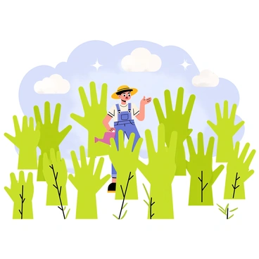 A garden scene filled with vibrant green plants arranged in various sizes. Each plant is uniquely shaped like a hand, with fingers pointing outward as if accusing. In the center of the garden, a cartoonish figure of a gardener with a surprised expression stands. The gardener is wearing a straw hat and overalls, holding a watering can. Sunlight filters through the leaves, creating dappled shadows on the ground. The background features a blue sky with a few fluffy white clouds.