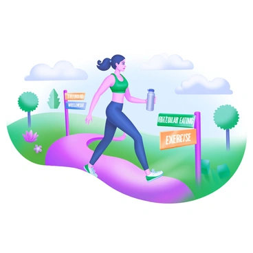 A person walking along a winding path, wearing activewear and a determined expression. Alongside the path, there are various signs, each displaying messages related to "Thyroid Wellness," "Healthy Eating," and "Regular Exercise" in clear, bright lettering. The surrounding landscape features lush greenery, with trees and colorful flowers adding vibrancy. A soft blue sky is overhead, creating a sense of optimism and positivity in the air. The person is holding a water bottle, symbolizing hydration and commitment to their health journey.