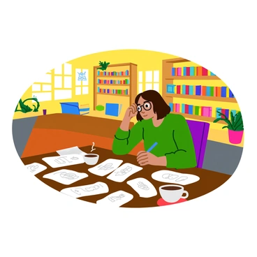 A cozy bookstore café filled with warm, inviting light. A wooden table is cluttered with several crumpled napkins covered in doodles and handwritten notes. In the center, a focused writer, a middle-aged woman with glasses, leans over the table, sketching ideas with a blue pen. Surrounding her are shelves filled with colorful books, and a steaming cup of coffee sits next to the napkins. The atmosphere is relaxed, with comfy chairs and small potted plants decorating the corners of the café.