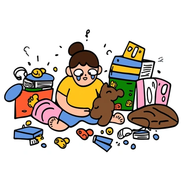 A child with light skin and big eyes is sitting on the floor of a messy room, tears streaming down their cheeks. They are wearing a yellow t-shirt and blue shorts. Surrounding them are scattered toys, clothes, and books, creating a chaotic environment. The child is looking around desperately, searching for their missing teddy bear, which is not in sight. There is a soft, worn-out blanket nearby, adding to the sense of loss and disarray in the room.
