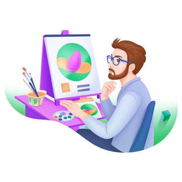 A portrait of a renowned illustrator with their most famous work in the background