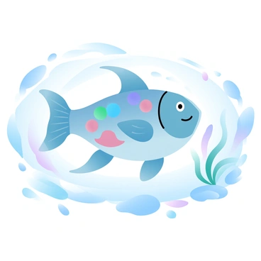 A fish with scales that resemble colorful crystals is swimming gracefully in a clear stream. The fish displays a range of vibrant colors, including blues, reds, and greens, reflecting light like gemstones. The stream has a smooth flow with pebbles visible at the bottom. Sunlight filters through the water, casting shimmering patterns on the fish and surrounding elements. Aquatic plants gently sway in the current, adding shades of green to the scene.