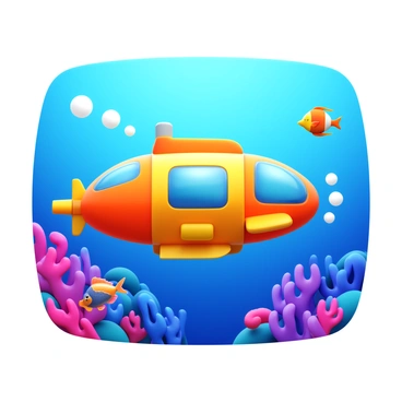 A deep-sea explorer submersible with a streamlined design, featuring bright orange and yellow colors, is diving near colorful coral reefs. The submersible has multiple observation windows, revealing a glimpse of the interior. Surrounding it are vibrant coral formations in shades of pink, purple, and blue. Various fish species swim around, with some peeking curiously at the submersible. Bubbles rise from the submersible as it maneuvers through the clear water, illuminating the surroundings with its onboard lights.