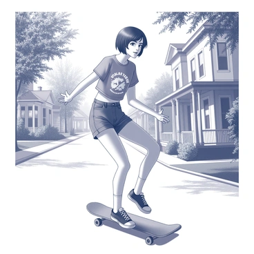 A girl with short hair rides a skateboard down a street. She wears a stylish outfit that includes a graphic t-shirt and denim shorts. The street is lined with trees, and sunlight filters through the leaves, casting shadows on the pavement. Her expression is focused as she balances on the skateboard, one foot on the board and the other slightly raised for stability. In the background, there are houses with porches and flower gardens.